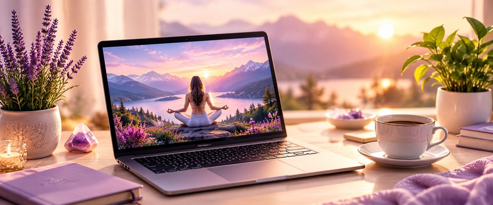 Laptop z nagraniem medytacji na drewnianym stole obok filiżanki kawy i lawendy